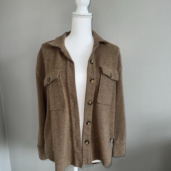 Sage The Label Camel Button Down Ribbed Shacket Womans Sz XS/S Brown Oversized - Picture 3 of 6